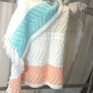 Vintage Afghan Quilt Throw Baby Blanket White Teal Peach Fringe Small Chevron
